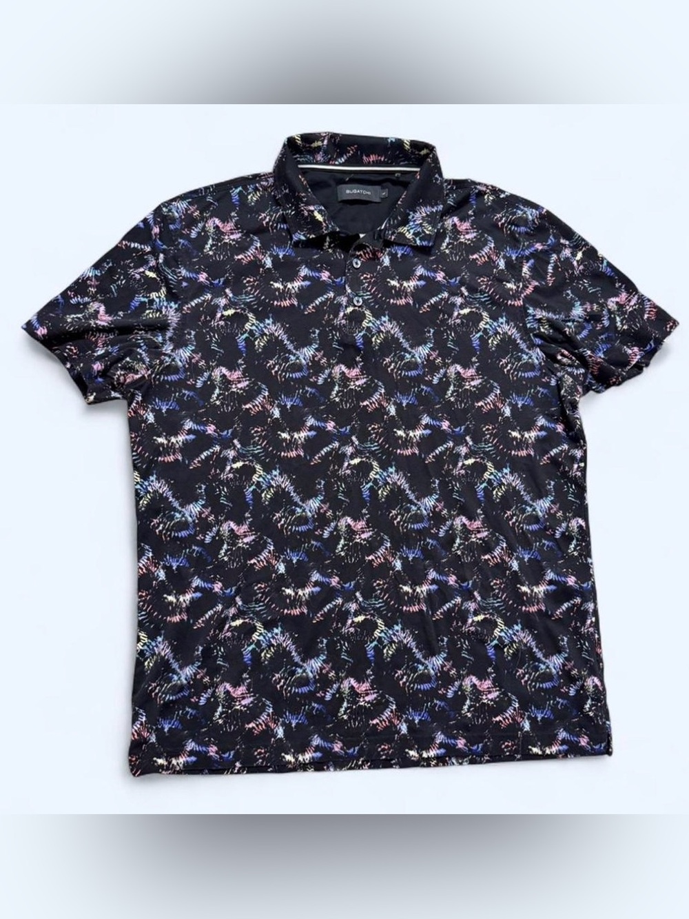 Bugatchi Black Polo with Multicolor Iridescent Wave Print